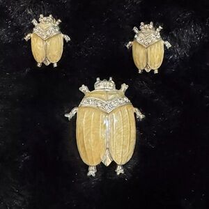 Silver And Enamel Beetle Brooch And Earring Set